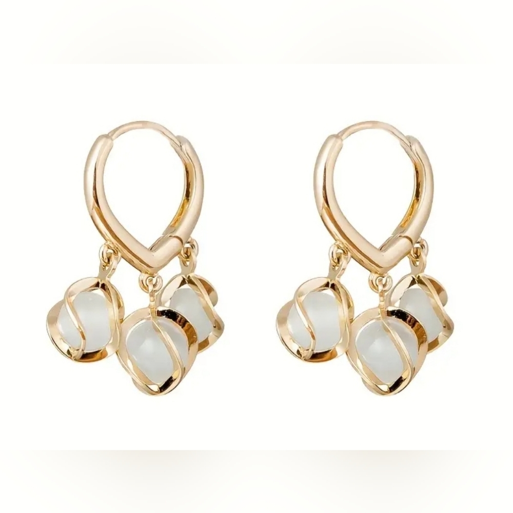 Gorgeous Cat Eye Stone Drop Dangle Earrings - Elegant Round Beads Jewelry